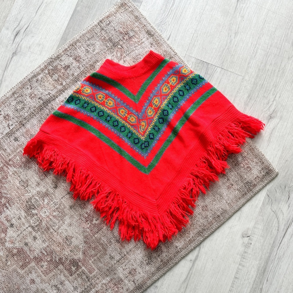 Vintage Fringe Mock Neck Knit Poncho/Cape- Canadian Made - Red/Green